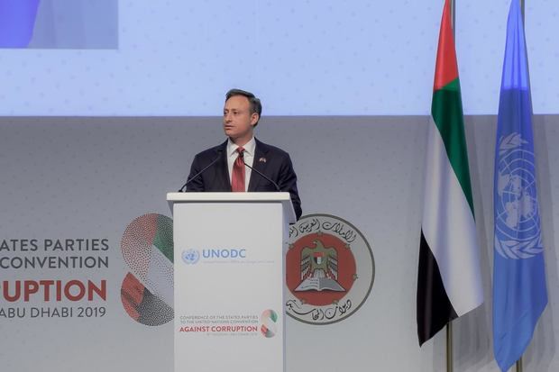 El procurador Jean Rodríguez durante su intervención en la asamblea de la Conferencia de los Estados Partes en la Convención de las Naciones Unidas Contra la Corrupción, celebrada en Abu Dhabi, Emiratos Árabes Unidos.