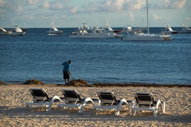 Un empleado de un hotel recoge sargazo en la orilla de la playa, este domingo en Punta Cana, República Dominicana.