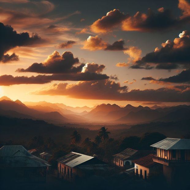 **Un atardecer sobre las montañas de la cordillera Central, con nubes dispersas y una ligera brisa, donde se aprecian casas tradicionales dominicanas en el primer plano.**