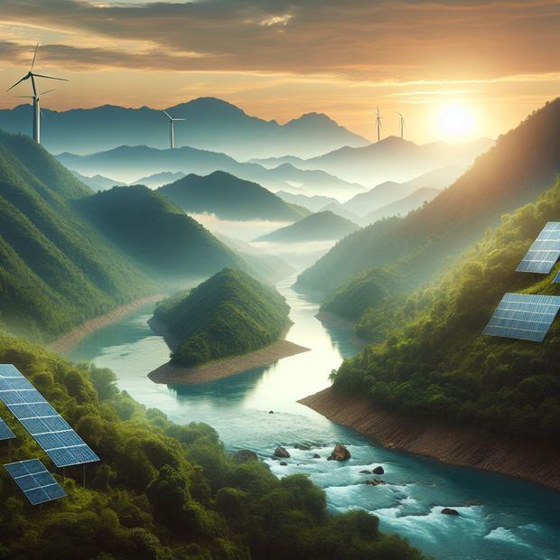 Un paisaje montañoso al amanecer, con paneles solares brillando en una ladera verde y un río cristalino fluyendo, simbolizando la energía limpia y la sostenibilidad.