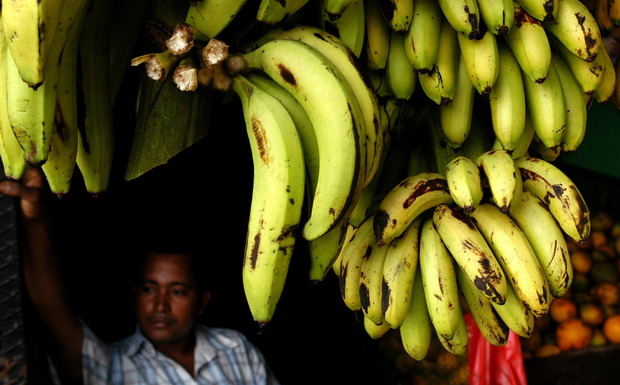 Un vendedor de banano espera clientes en un mercado de la ciudad de Panamá.