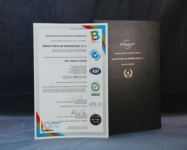 Certificado otorgado por el Brihgtline Institute al Banco Popular Dominicano.