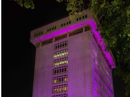 La iluminación rosada de sus edificaciones constituye una llamada a la concienciación para tomar medidas de prevención.