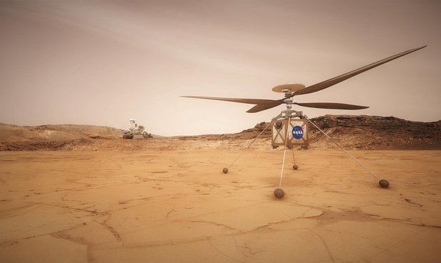Ilustración preparada por la NASA que muestra el dron Ingenuity (en primer plano), y el rover Perseverance.
