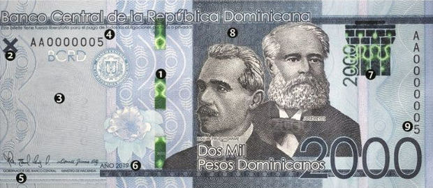 Billete de 2,000 pesos dominicanos, serie 2019, que contendrá un nuevo hilo de seguridad. 