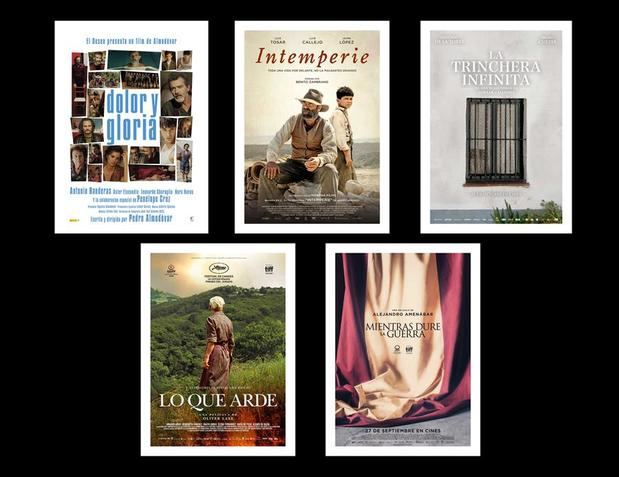 Combo de los carteles de los films nominados a mejor pelicula en la 34 edición de los Premios Goya cuya gala se celebrará el próximo 25 de enero en Málaga: ''Dolor y Gloria'' (i), ''Intemperie'', ''La trinchera infinita'', ''Lo que arde'' y ''Mientras dure la guerra''.