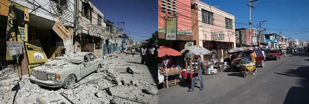 Combo fotográfico del 13 de enero de 2010 de escombros en el centro de la ciudad y foto del 9 de enero de 2020 en el centro de Puerto Príncipe. El devastador terremoto de Haití de 2010 cumple diez años este domingo, mientras el país caribeño, envuelto en una espiral de subdesarrollo, hambre, violencia y continuas crisis políticas, todavía no ha terminado de levantar cabeza.