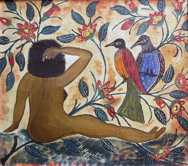 Hector Hyppolite. Femme nue avec oiseaux, 1946, óleo sobre lienzo, 42 x 48 cm.
Colección del fideicomiso de Betty e Isaac Rudman.